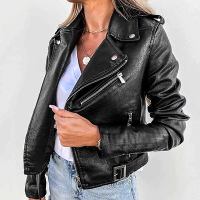 Hannah | Damen Kunstleder-Bikerjacke mit diagonalem Reißverschluss taillenlang