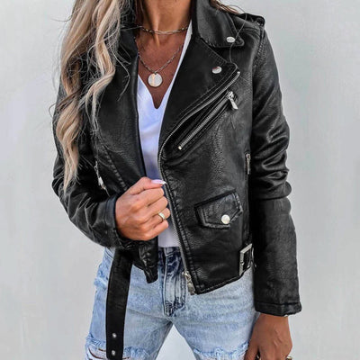 Hannah | Damen Kunstleder-Bikerjacke mit diagonalem Reißverschluss taillenlang
