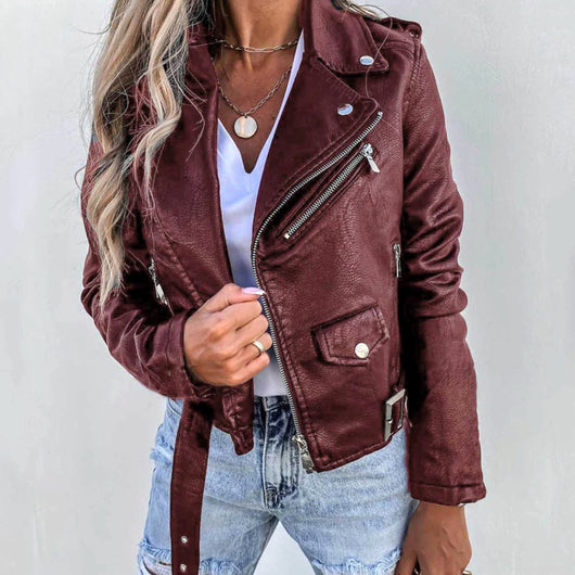Hannah | Damen Kunstleder-Bikerjacke mit diagonalem Reißverschluss taillenlang
