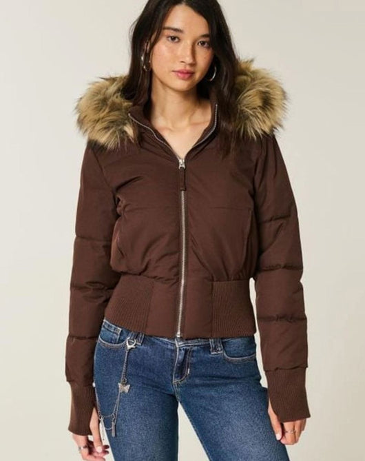 Lena | Damen Kurze Pufferjacke mit Fellkapuze und Frontreißverschluss