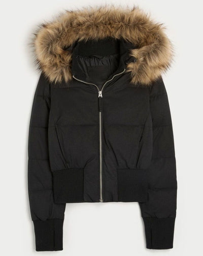 Lena | Damen Kurze Pufferjacke mit Fellkapuze und Frontreißverschluss