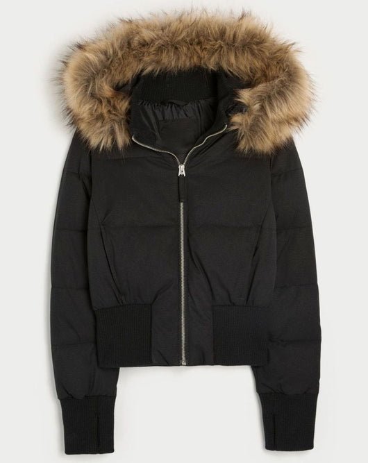 Lena | Damen Kurze Pufferjacke mit Fellkapuze und Frontreißverschluss