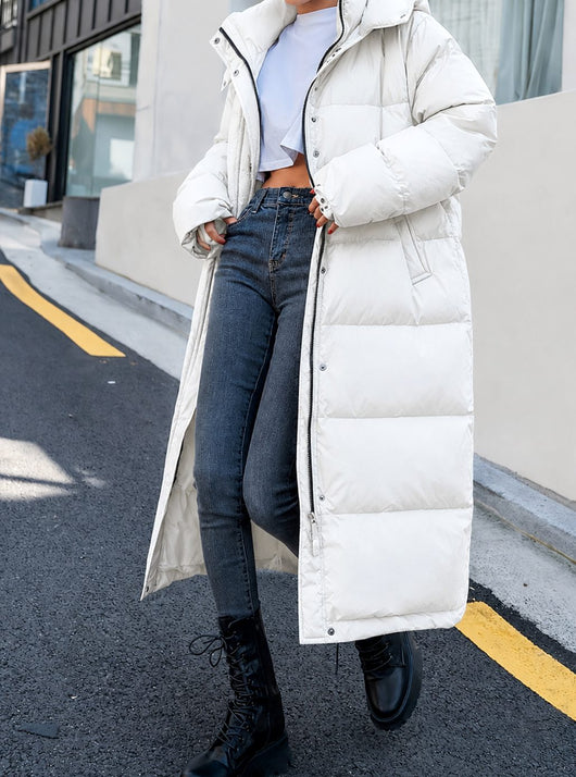 Mia | Damen Lange Gesteppte Winterjacke mit Kapuze