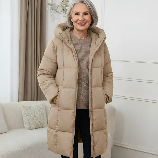 Elisabeth | Damen Langer Gesteppter Wintermantel mit Kapuze Wattiert
