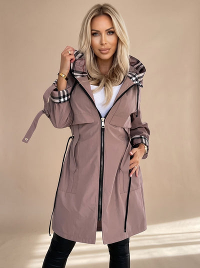 Luisa | Damen Moderner Trenchcoat Kapuze Kariert Taillengürtel Reißverschluss