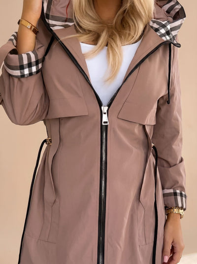 Luisa | Damen Moderner Trenchcoat Kapuze Kariert Taillengürtel Reißverschluss
