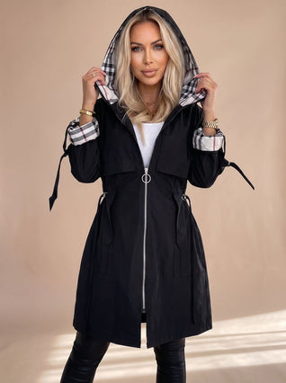 Luisa | Damen Moderner Trenchcoat Kapuze Kariert Taillengürtel Reißverschluss