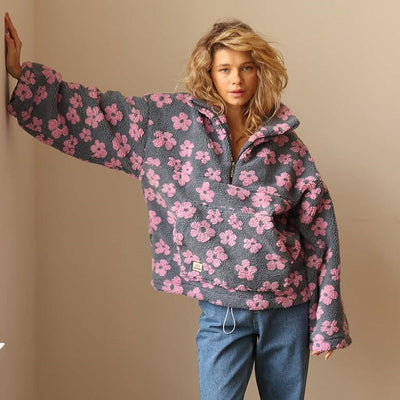 Emilia | Damen Oversized Floral Sherpa Fleece Pullover Sweater