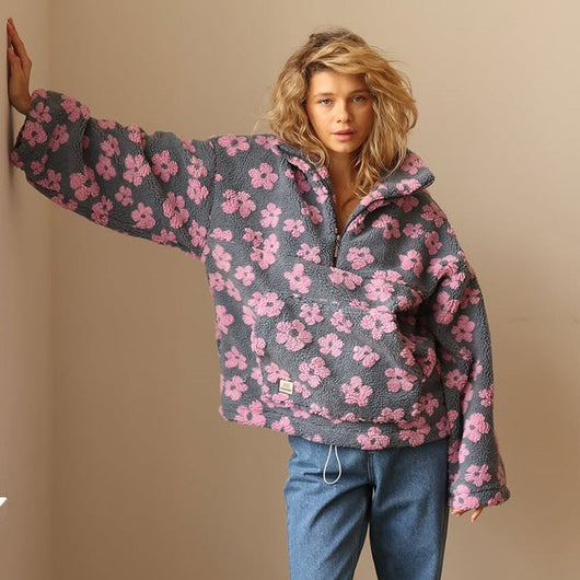Emilia | Damen Oversized Floral Sherpa Fleece Pullover Sweater