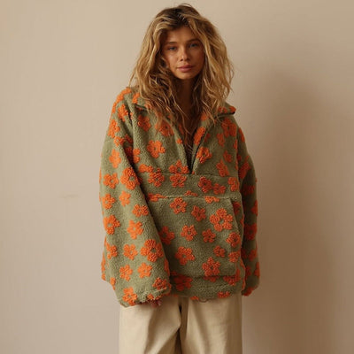 Emilia | Damen Oversized Floral Sherpa Fleece Pullover Sweater