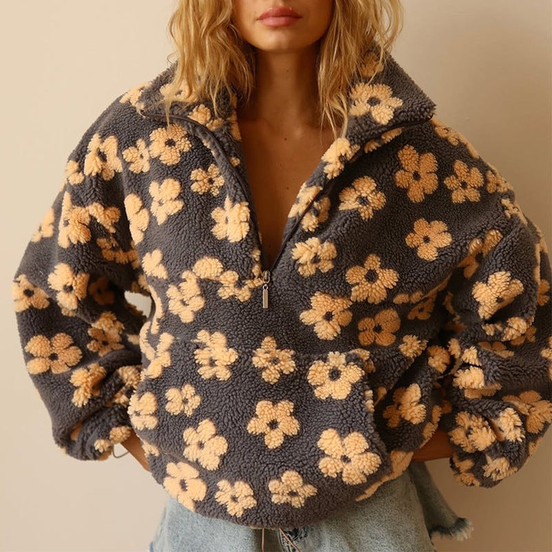 Emilia | Damen Oversized Floral Sherpa Fleece Pullover Sweater