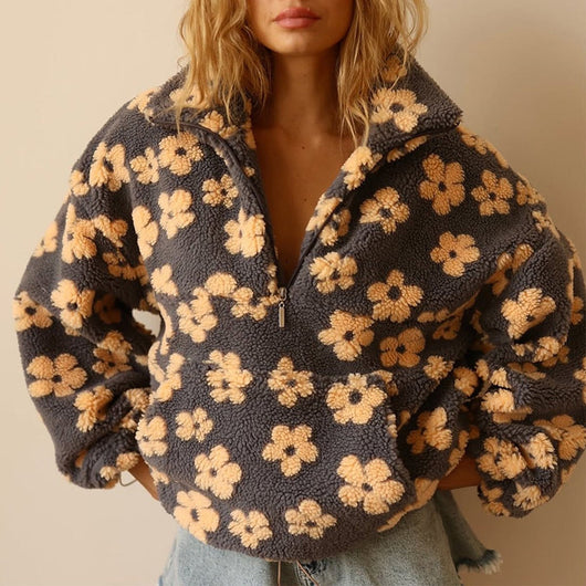 Emilia | Damen Oversized Floral Sherpa Fleece Pullover Sweater