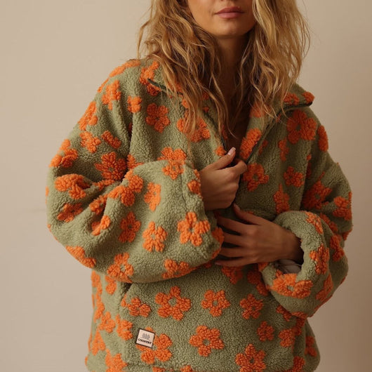 Emilia | Damen Oversized Floral Sherpa Fleece Pullover Sweater