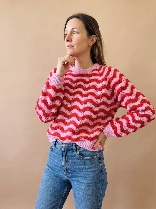 Hannah | Damen Oversized Strickpullover mit Wellenmuster Rundhalsausschnitt