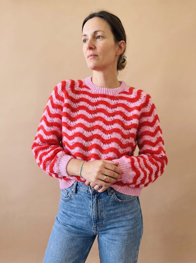 Hannah | Damen Oversized Strickpullover mit Wellenmuster Rundhalsausschnitt