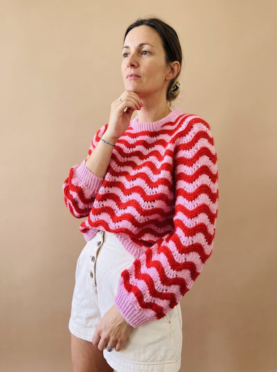 Hannah | Damen Oversized Strickpullover mit Wellenmuster Rundhalsausschnitt