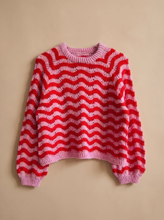 Hannah | Damen Oversized Strickpullover mit Wellenmuster Rundhalsausschnitt