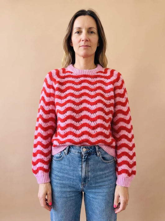 Hannah | Damen Oversized Strickpullover mit Wellenmuster Rundhalsausschnitt