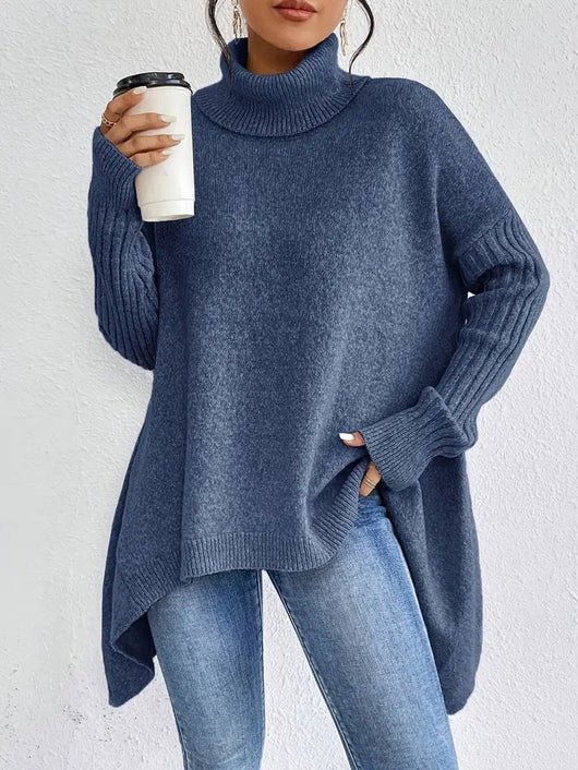 Greta | Damen Oversized Turtleneck Sweater mit geripptem Rollkragen und verlängertem Saum