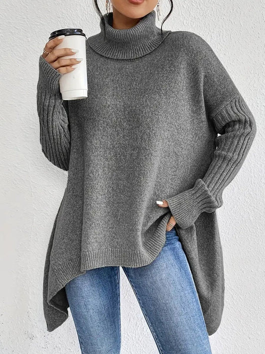Greta | Damen Oversized Turtleneck Sweater mit geripptem Rollkragen und verlängertem Saum