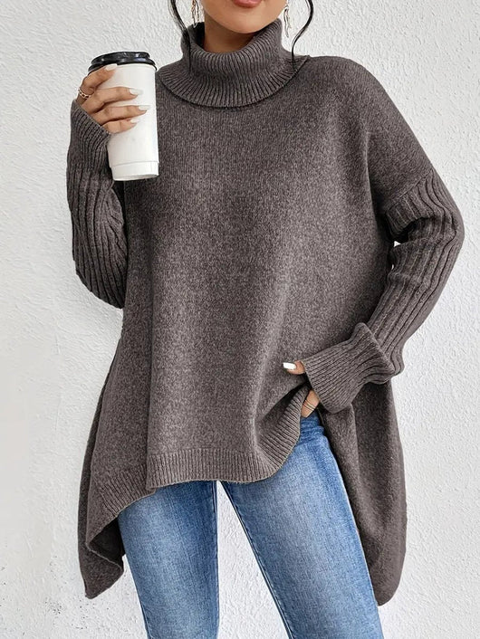 Greta | Damen Oversized Turtleneck Sweater mit geripptem Rollkragen und verlängertem Saum
