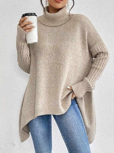Greta | Damen Oversized Turtleneck Sweater mit geripptem Rollkragen und verlängertem Saum