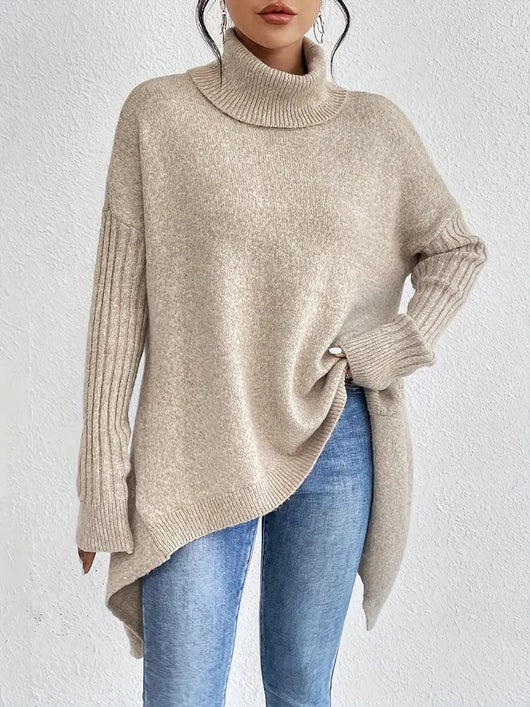 Greta | Damen Oversized Turtleneck Sweater mit geripptem Rollkragen und verlängertem Saum
