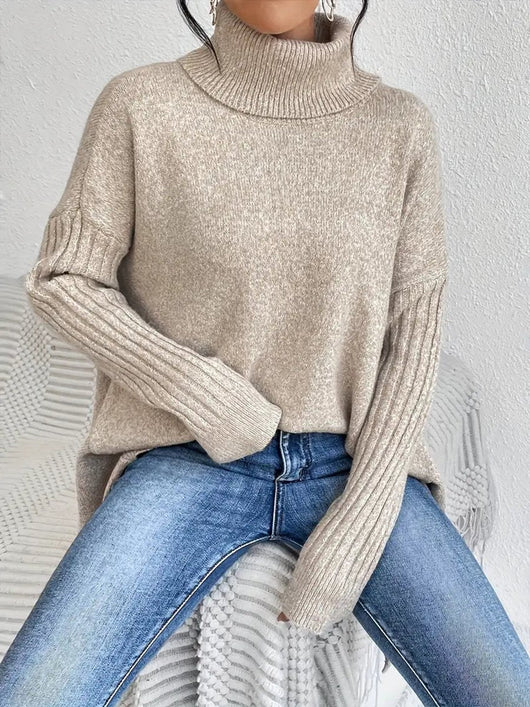 Greta | Damen Oversized Turtleneck Sweater mit geripptem Rollkragen und verlängertem Saum