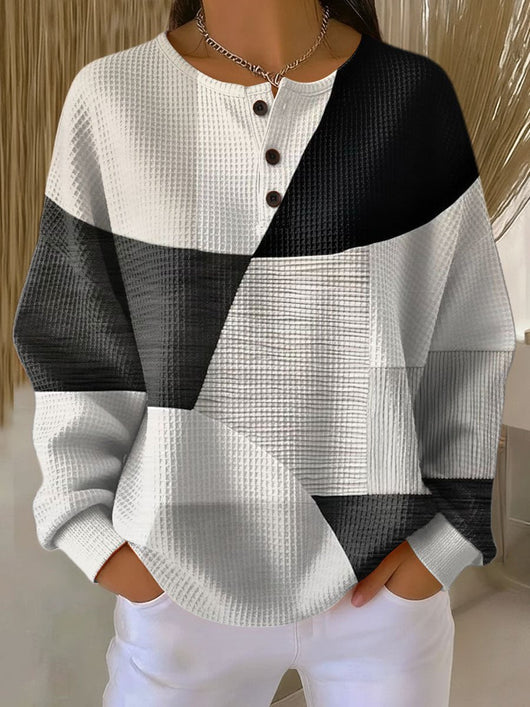 Annika | Damen Relaxed-Fit Colourblock Waffelstrick Henley Pullover