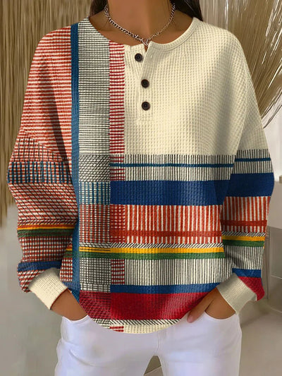 Annika | Damen Relaxed-Fit Colourblock Waffelstrick Henley Pullover