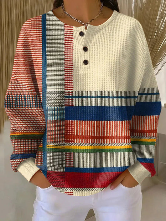 Annika | Damen Relaxed-Fit Colourblock Waffelstrick Henley Pullover