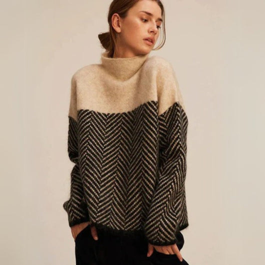 Greta | Damen Rollkragen Pullover Oversized Strickpullover Fischgrätmuster