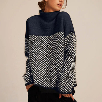 Greta | Damen Rollkragen Pullover Oversized Strickpullover Fischgrätmuster