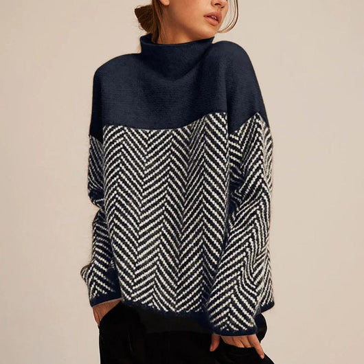 Greta | Damen Rollkragen Pullover Oversized Strickpullover Fischgrätmuster