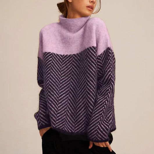 Greta | Damen Rollkragen Pullover Oversized Strickpullover Fischgrätmuster