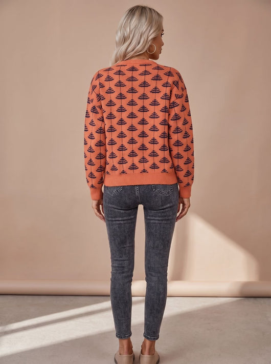 Emilia | Damen Rundhals-Strickpullover mit Weihnachtsbaum-Muster Loose-Fit