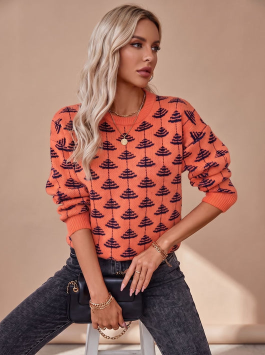 Emilia | Damen Rundhals-Strickpullover mit Weihnachtsbaum-Muster Loose-Fit