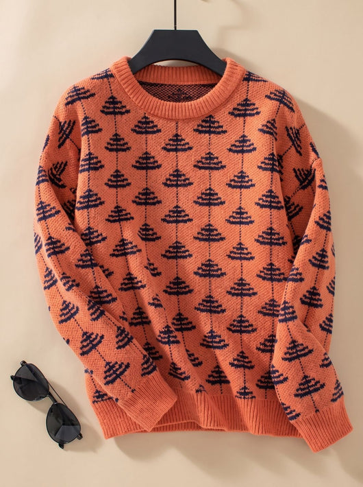 Emilia | Damen Rundhals-Strickpullover mit Weihnachtsbaum-Muster Loose-Fit