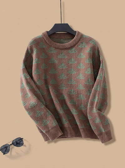 Emilia | Damen Rundhals-Strickpullover mit Weihnachtsbaum-Muster Loose-Fit