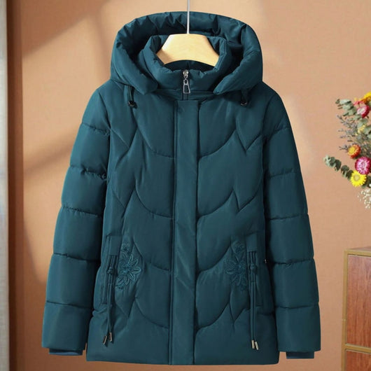 Frieda | Damen Steppjacke mit Kapuze Blumenstickerei Winterjacke tailliert