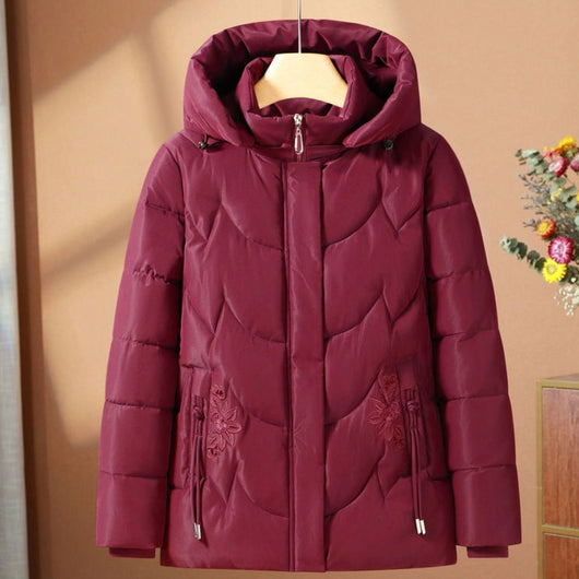 Frieda | Damen Steppjacke mit Kapuze Blumenstickerei Winterjacke tailliert
