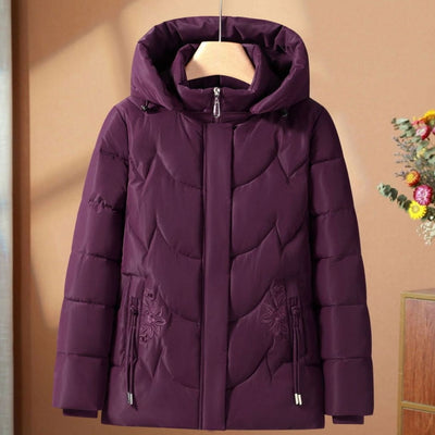 Frieda | Damen Steppjacke mit Kapuze Blumenstickerei Winterjacke tailliert