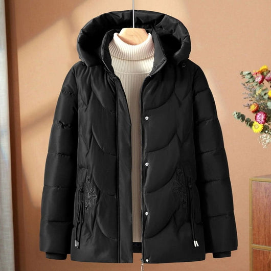 Frieda | Damen Steppjacke mit Kapuze Blumenstickerei Winterjacke tailliert
