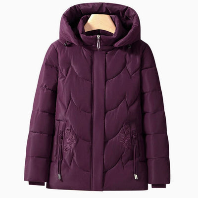 Frieda | Damen Steppjacke mit Kapuze Blumenstickerei Winterjacke tailliert