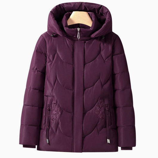 Frieda | Damen Steppjacke mit Kapuze Blumenstickerei Winterjacke tailliert