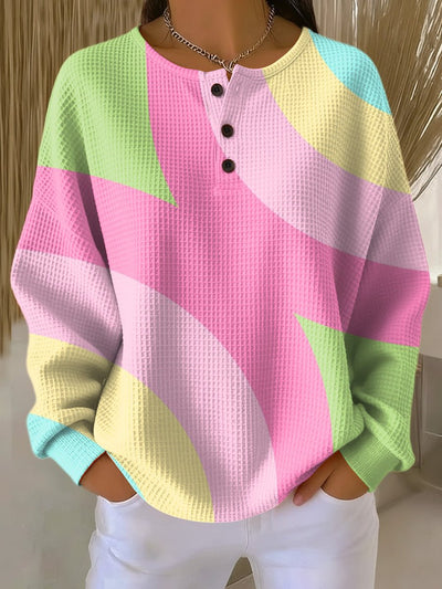 Annika | Damen Sweater Women Waffelstrick Henley Pullover Geometrisches Farbblock Muster