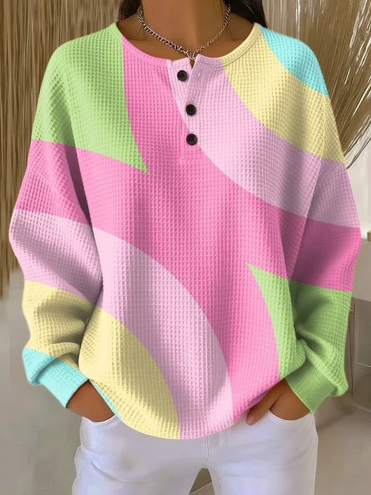 Annika | Damen Sweater Women Waffelstrick Henley Pullover Geometrisches Farbblock Muster