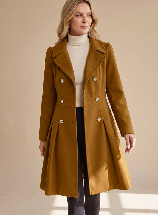 Greta | Damen Taillierter Doppelreihiger Ausgestellter Wollmantel mit Taschen