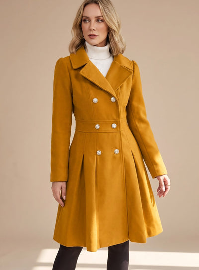 Greta | Damen Taillierter Doppelreihiger Ausgestellter Wollmantel mit Taschen