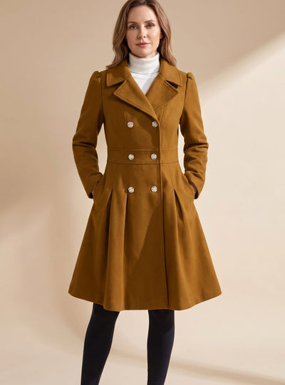 Greta | Damen Taillierter Doppelreihiger Ausgestellter Wollmantel mit Taschen